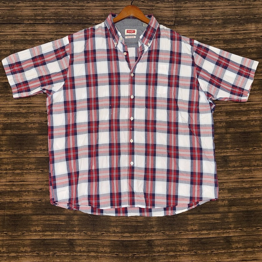 Wrangler Plaid Short Sleeved Button Down 2XL Shirt Red White Blue